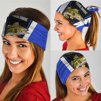 Custom Walleye Fishing Neck Gaiter with Jumping Fish Splash and Blue Black Hexagon Pattern - Wonder Print Shop