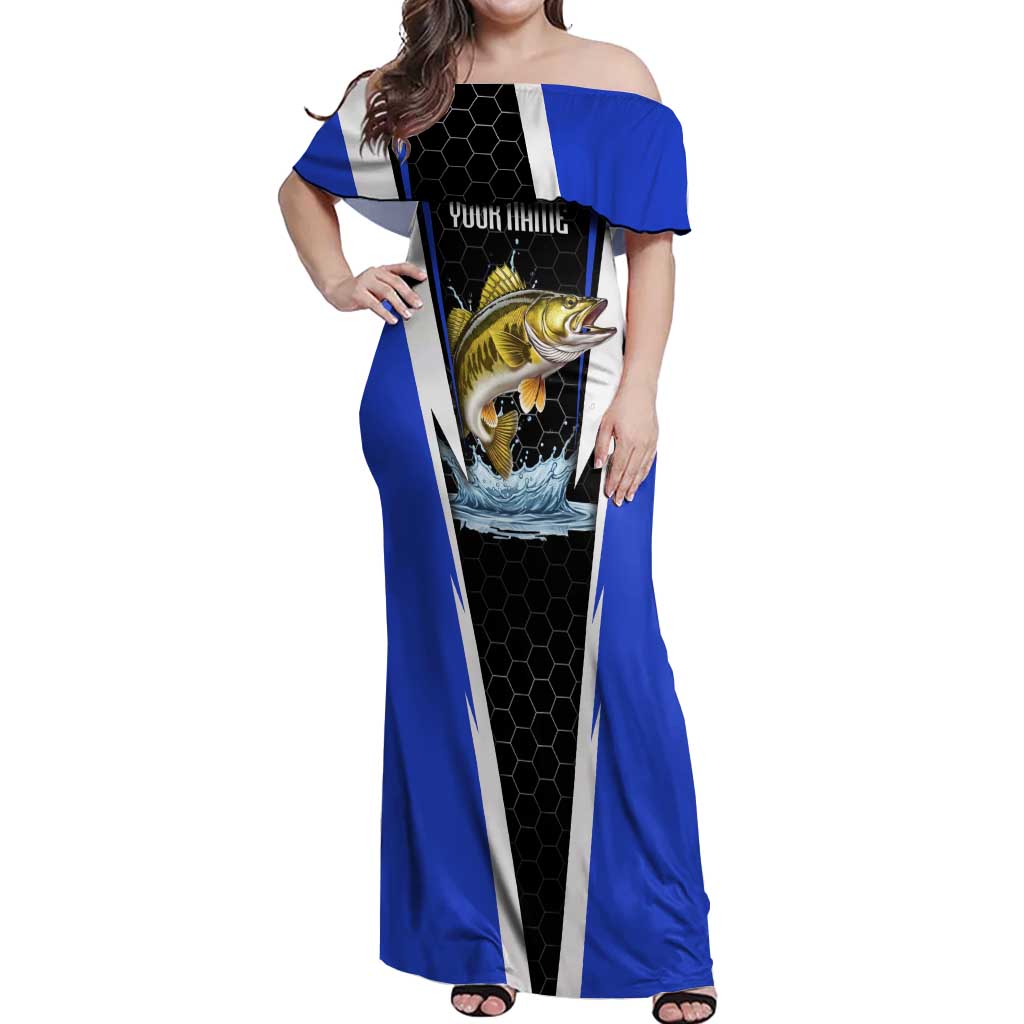 Custom Walleye Fishing Off Shoulder Maxi Dress with Jumping Fish Splash and Blue Black Hexagon Pattern - Wonder Print Shop