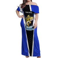 Custom Walleye Fishing Off Shoulder Maxi Dress with Jumping Fish Splash and Blue Black Hexagon Pattern - Wonder Print Shop