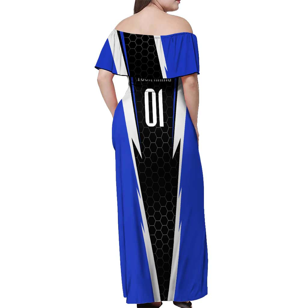 Custom Walleye Fishing Off Shoulder Maxi Dress with Jumping Fish Splash and Blue Black Hexagon Pattern - Wonder Print Shop