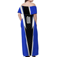 Custom Walleye Fishing Off Shoulder Maxi Dress with Jumping Fish Splash and Blue Black Hexagon Pattern - Wonder Print Shop