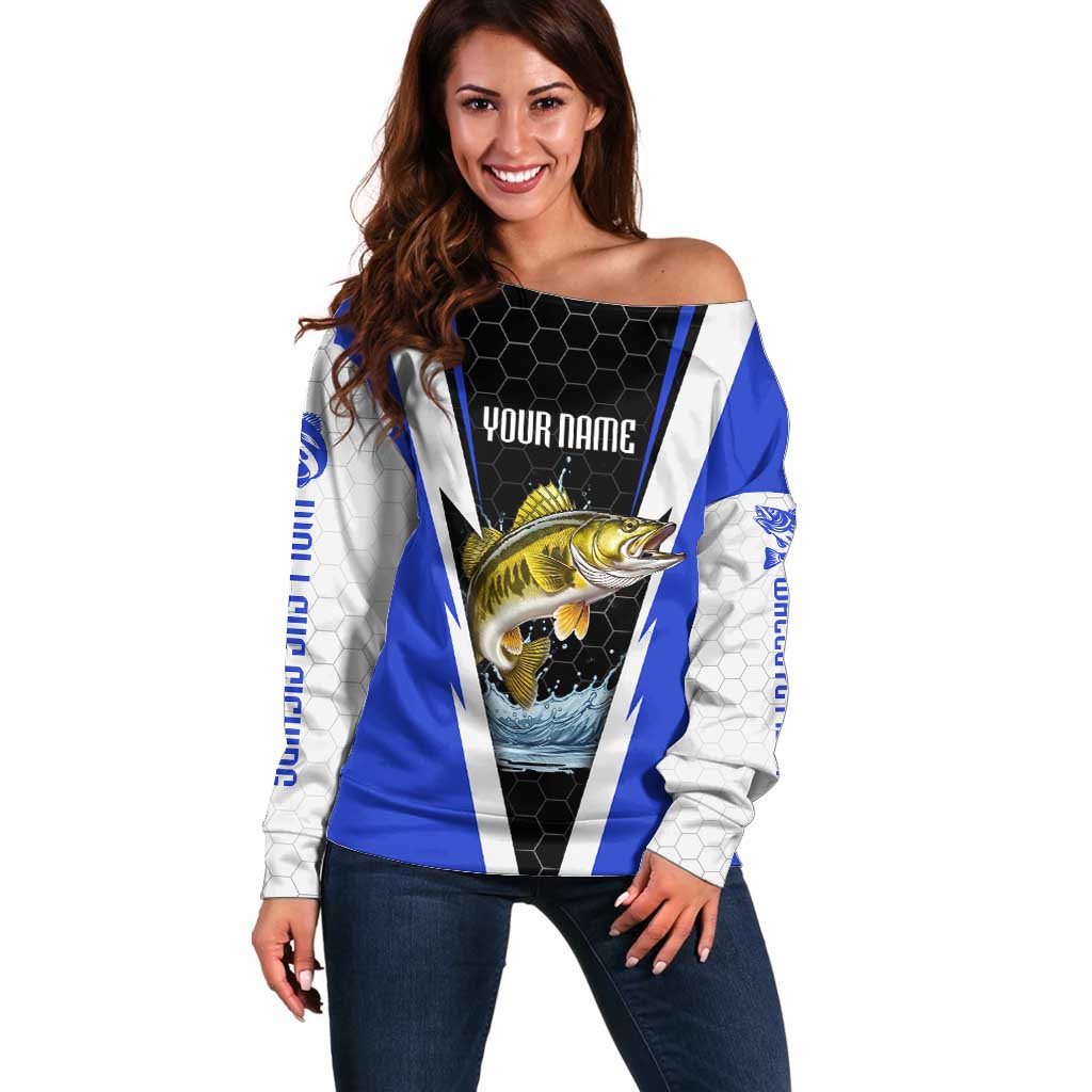 Custom Walleye Fishing Off Shoulder Sweater with Jumping Fish Splash and Blue Black Hexagon Pattern - Wonder Print Shop