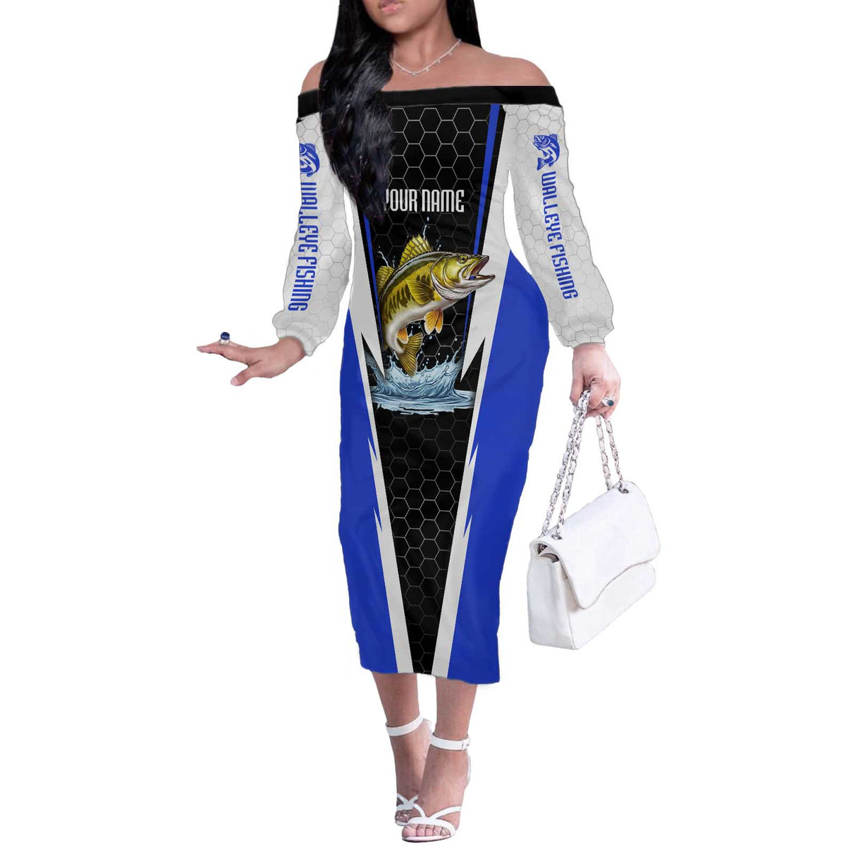 Custom Walleye Fishing Off The Shoulder Long Sleeve Dress with Jumping Fish Splash and Blue Black Hexagon Pattern - Wonder Print Shop