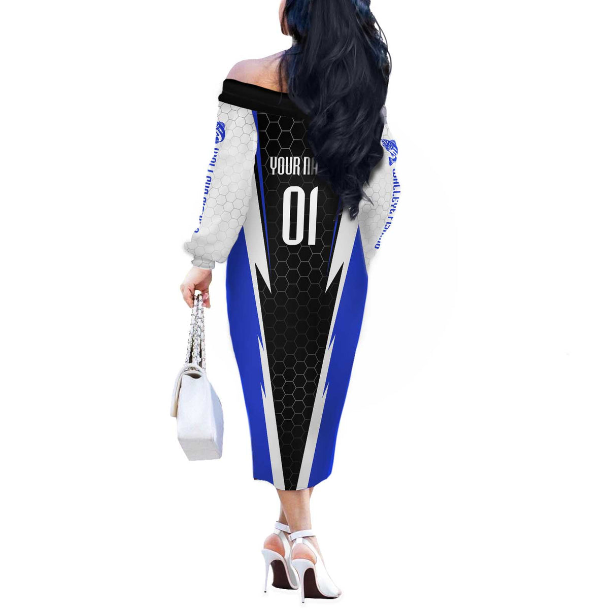 Custom Walleye Fishing Off The Shoulder Long Sleeve Dress with Jumping Fish Splash and Blue Black Hexagon Pattern - Wonder Print Shop