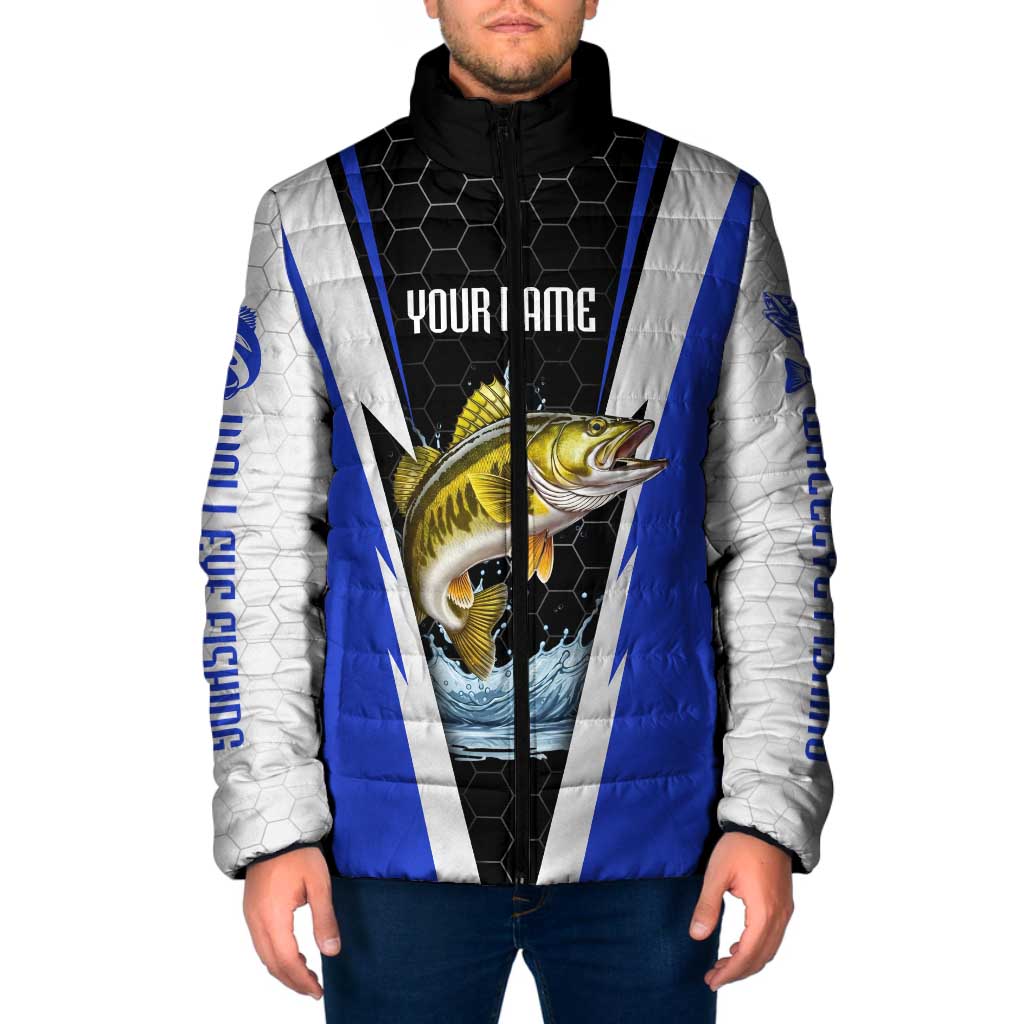 Custom Walleye Fishing Padded Jacket with Jumping Fish Splash and Blue Black Hexagon Pattern - Wonder Print Shop
