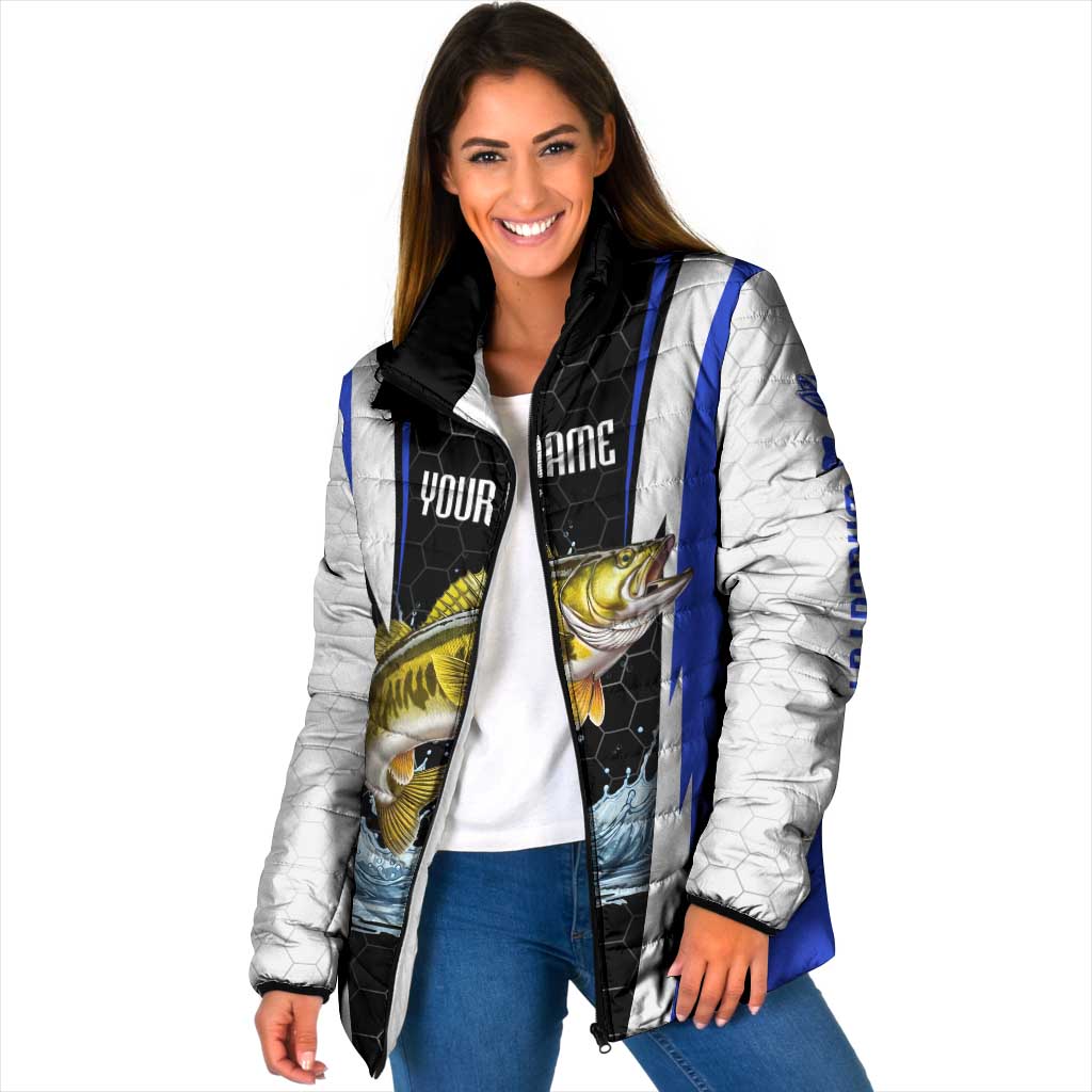 Custom Walleye Fishing Padded Jacket with Jumping Fish Splash and Blue Black Hexagon Pattern - Wonder Print Shop