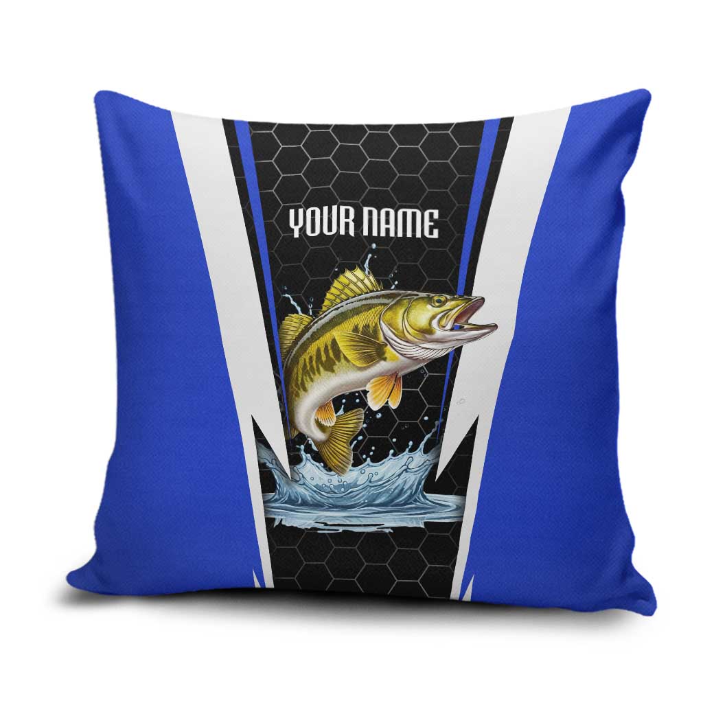 Custom Walleye Fishing Pillow Cover with Jumping Fish Splash and Blue Black Hexagon Pattern - Wonder Print Shop