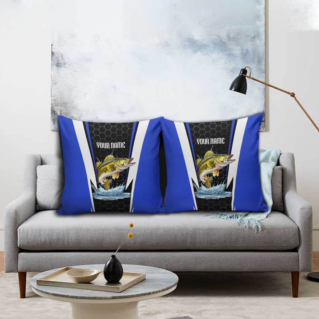 Custom Walleye Fishing Pillow Cover with Jumping Fish Splash and Blue Black Hexagon Pattern - Wonder Print Shop