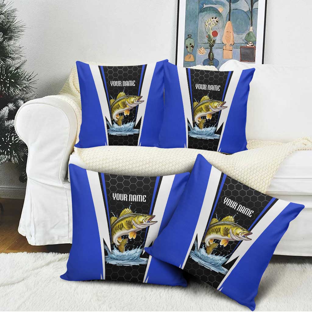 Custom Walleye Fishing Pillow Cover with Jumping Fish Splash and Blue Black Hexagon Pattern - Wonder Print Shop