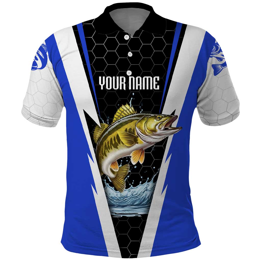 Custom Walleye Fishing Polo Shirt with Jumping Fish Splash and Blue Black Hexagon Pattern - Wonder Print Shop