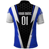 Custom Walleye Fishing Polo Shirt with Jumping Fish Splash and Blue Black Hexagon Pattern - Wonder Print Shop