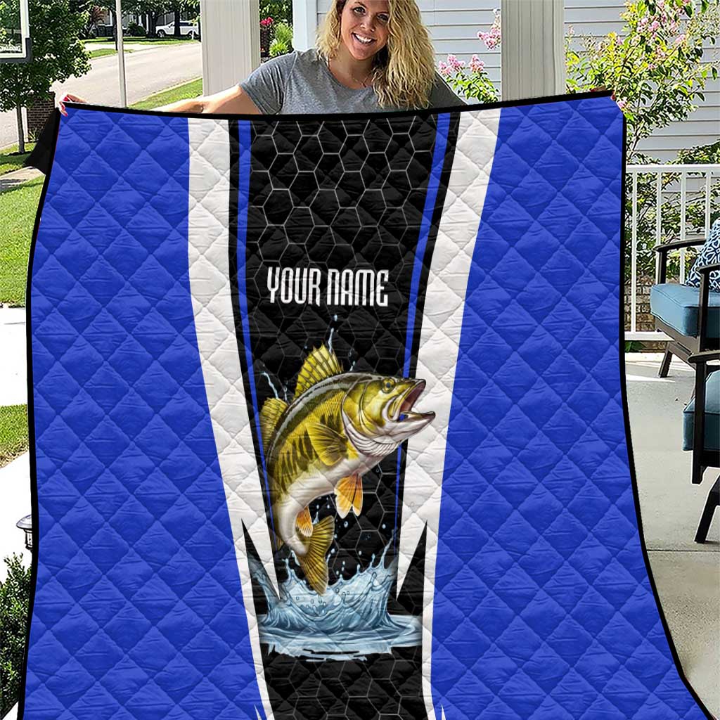 Custom Walleye Fishing Quilt with Jumping Fish Splash and Blue Black Hexagon Pattern - Wonder Print Shop
