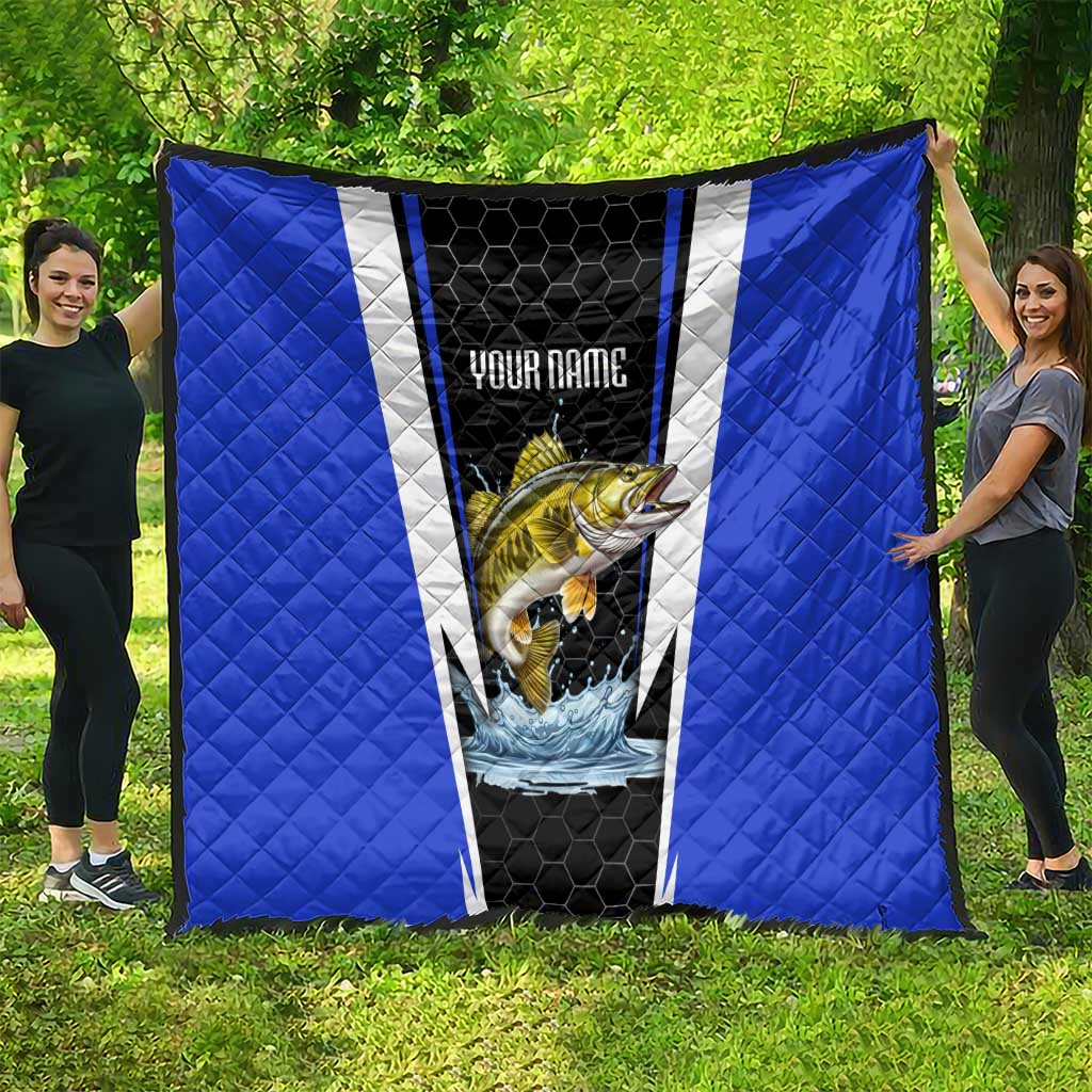 Custom Walleye Fishing Quilt with Jumping Fish Splash and Blue Black Hexagon Pattern - Wonder Print Shop