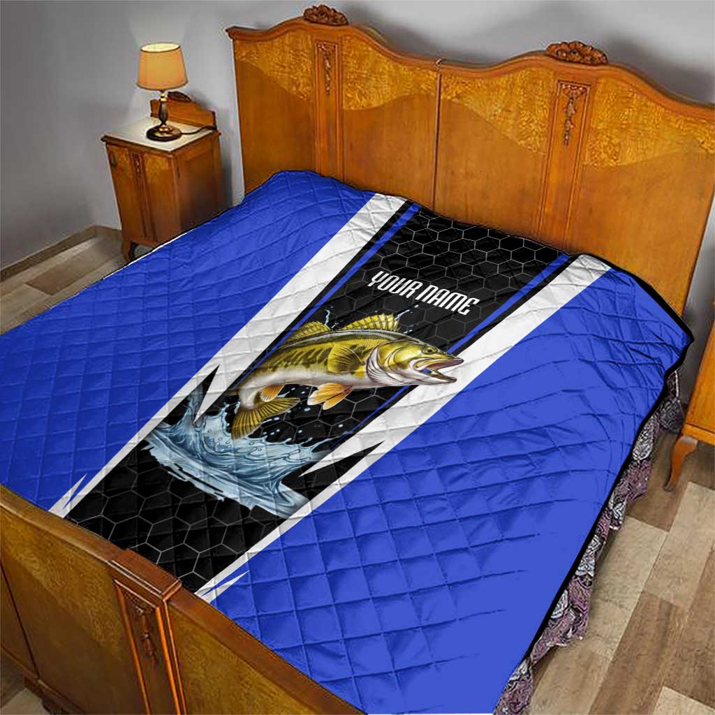 Custom Walleye Fishing Quilt with Jumping Fish Splash and Blue Black Hexagon Pattern - Wonder Print Shop