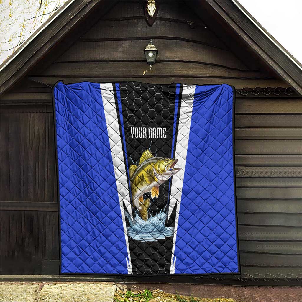 Custom Walleye Fishing Quilt with Jumping Fish Splash and Blue Black Hexagon Pattern - Wonder Print Shop