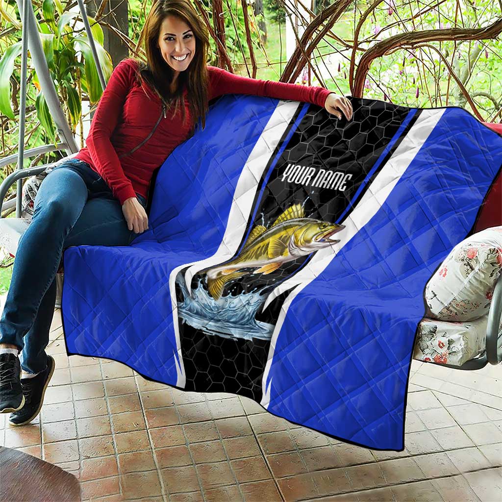 Custom Walleye Fishing Quilt with Jumping Fish Splash and Blue Black Hexagon Pattern - Wonder Print Shop