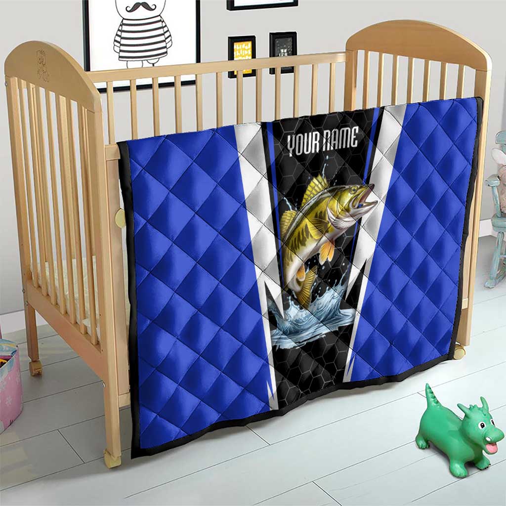 Custom Walleye Fishing Quilt with Jumping Fish Splash and Blue Black Hexagon Pattern - Wonder Print Shop
