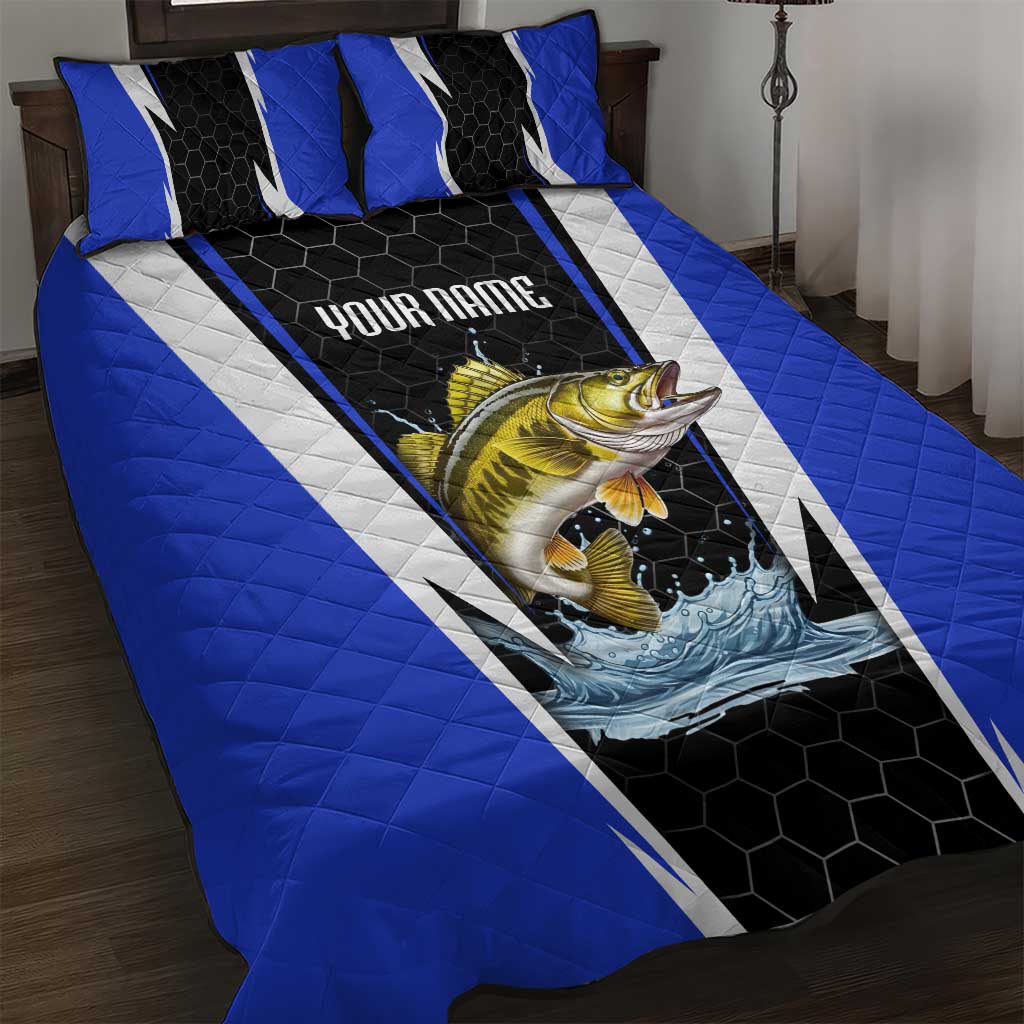 Custom Walleye Fishing Quilt Bed Set with Jumping Fish Splash and Blue Black Hexagon Pattern - Wonder Print Shop