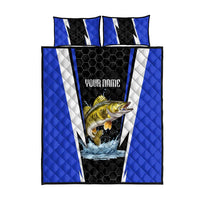 Custom Walleye Fishing Quilt Bed Set with Jumping Fish Splash and Blue Black Hexagon Pattern - Wonder Print Shop