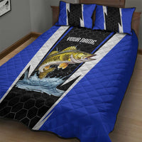 Custom Walleye Fishing Quilt Bed Set with Jumping Fish Splash and Blue Black Hexagon Pattern - Wonder Print Shop