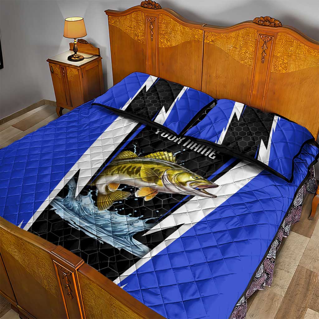 Custom Walleye Fishing Quilt Bed Set with Jumping Fish Splash and Blue Black Hexagon Pattern - Wonder Print Shop