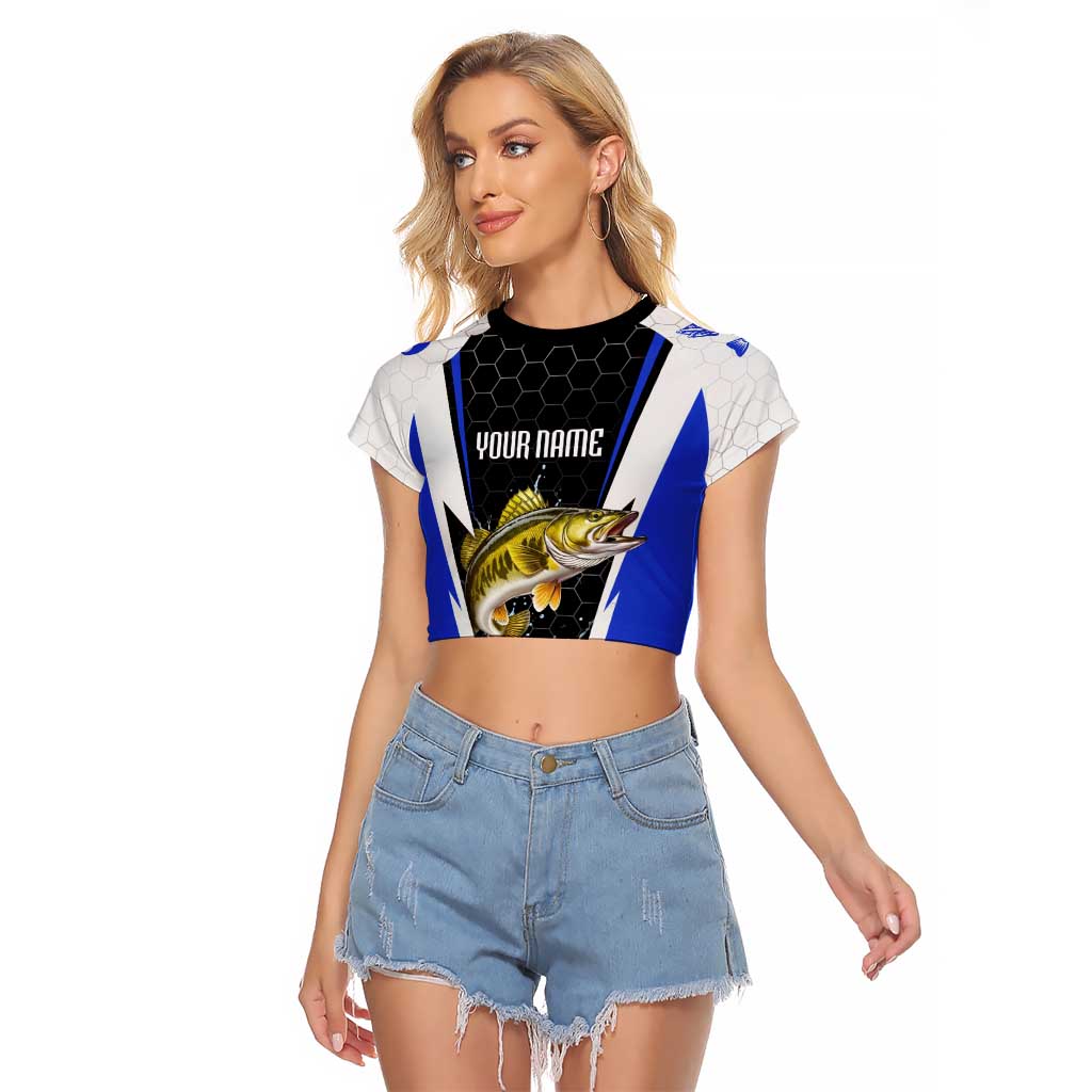Custom Walleye Fishing Raglan Cropped T Shirt with Jumping Fish Splash and Blue Black Hexagon Pattern - Wonder Print Shop
