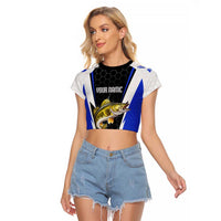 Custom Walleye Fishing Raglan Cropped T Shirt with Jumping Fish Splash and Blue Black Hexagon Pattern - Wonder Print Shop