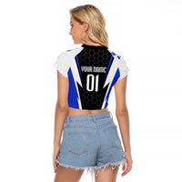 Custom Walleye Fishing Raglan Cropped T Shirt with Jumping Fish Splash and Blue Black Hexagon Pattern - Wonder Print Shop