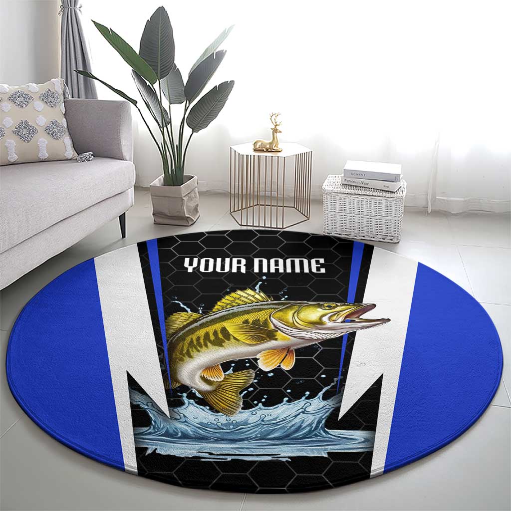 Custom Walleye Fishing Round Carpet with Jumping Fish Splash and Blue Black Hexagon Pattern - Wonder Print Shop