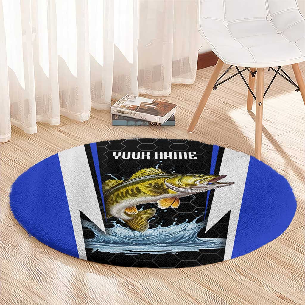 Custom Walleye Fishing Round Carpet with Jumping Fish Splash and Blue Black Hexagon Pattern - Wonder Print Shop