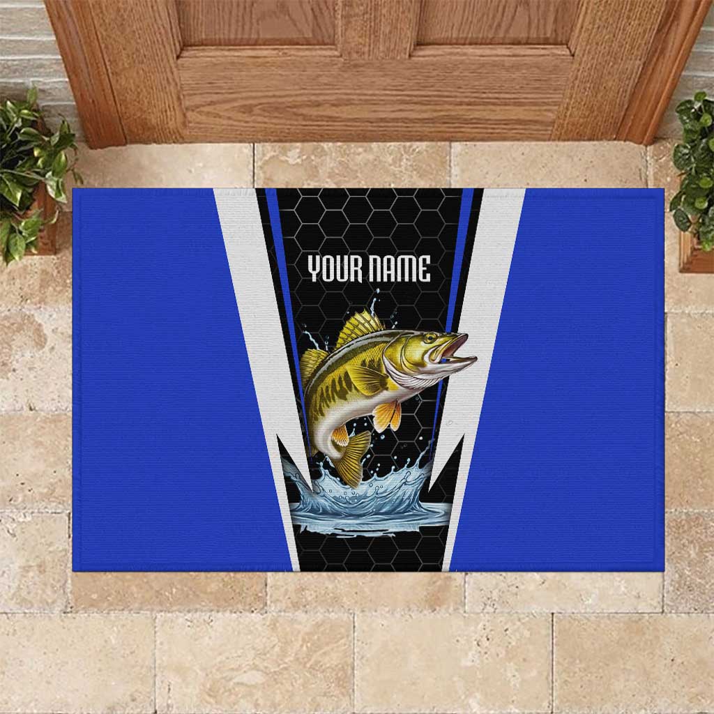 Custom Walleye Fishing Rubber Doormat with Jumping Fish Splash and Blue Black Hexagon Pattern - Wonder Print Shop