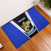 Custom Walleye Fishing Rubber Doormat with Jumping Fish Splash and Blue Black Hexagon Pattern - Wonder Print Shop
