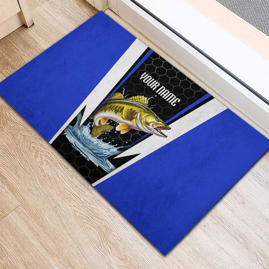 Custom Walleye Fishing Rubber Doormat with Jumping Fish Splash and Blue Black Hexagon Pattern - Wonder Print Shop