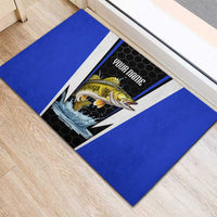 Custom Walleye Fishing Rubber Doormat with Jumping Fish Splash and Blue Black Hexagon Pattern - Wonder Print Shop