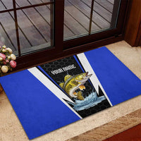 Custom Walleye Fishing Rubber Doormat with Jumping Fish Splash and Blue Black Hexagon Pattern - Wonder Print Shop