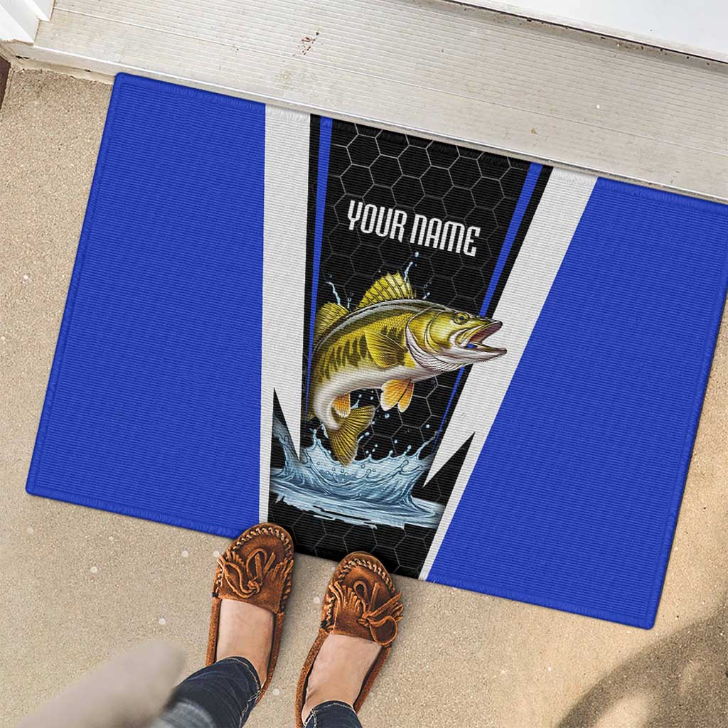 Custom Walleye Fishing Rubber Doormat with Jumping Fish Splash and Blue Black Hexagon Pattern - Wonder Print Shop