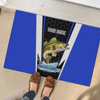 Custom Walleye Fishing Rubber Doormat with Jumping Fish Splash and Blue Black Hexagon Pattern - Wonder Print Shop