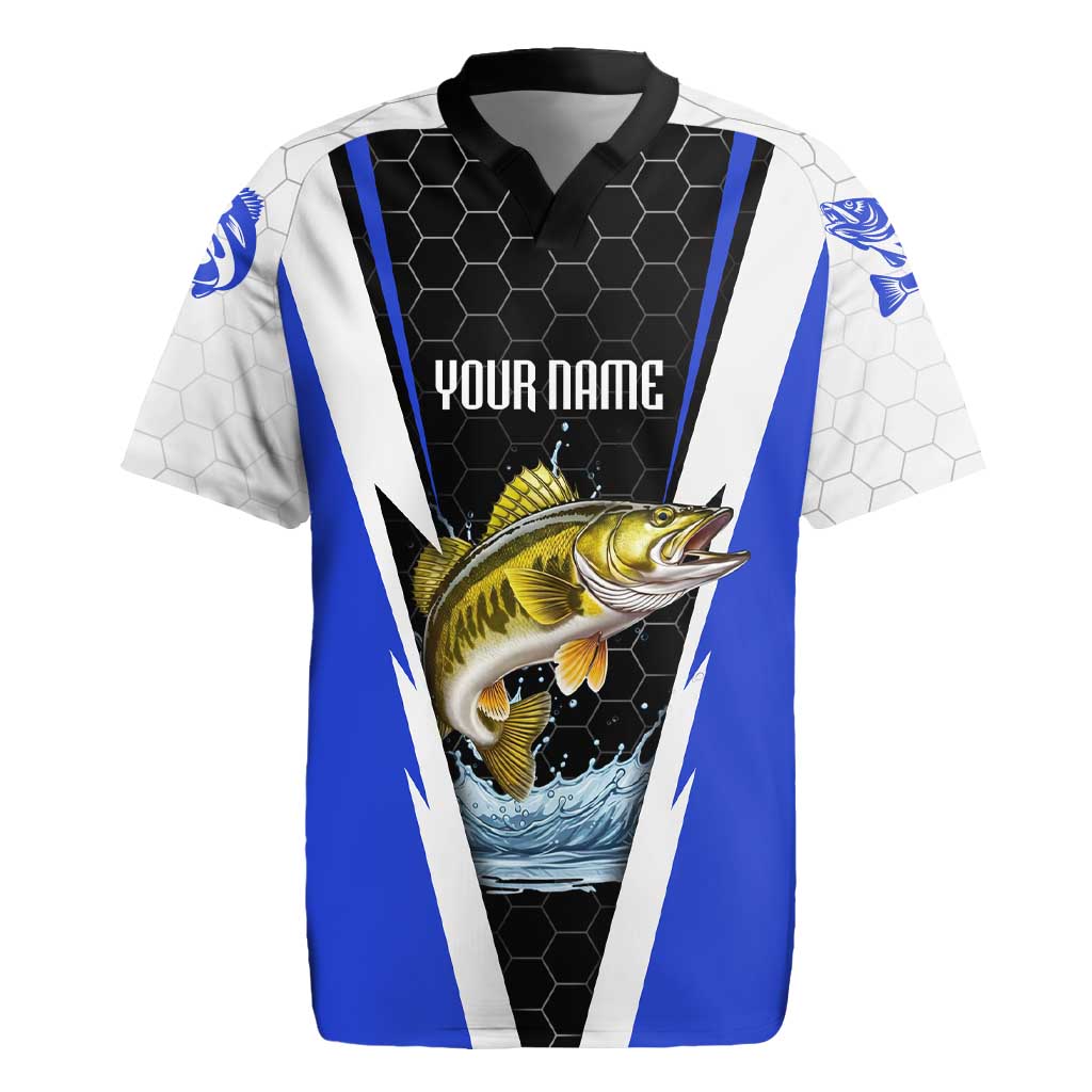 Custom Walleye Fishing Rugby Jersey with Jumping Fish Splash and Blue Black Hexagon Pattern - Wonder Print Shop
