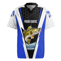 Custom Walleye Fishing Rugby Jersey with Jumping Fish Splash and Blue Black Hexagon Pattern - Wonder Print Shop