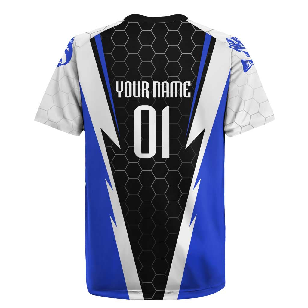 Custom Walleye Fishing Rugby Jersey with Jumping Fish Splash and Blue Black Hexagon Pattern - Wonder Print Shop