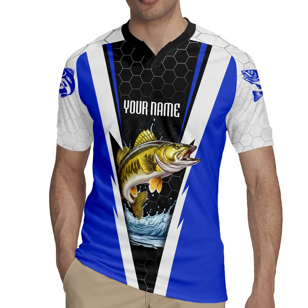 Custom Walleye Fishing Rugby Jersey with Jumping Fish Splash and Blue Black Hexagon Pattern - Wonder Print Shop