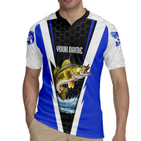 Custom Walleye Fishing Rugby Jersey with Jumping Fish Splash and Blue Black Hexagon Pattern - Wonder Print Shop