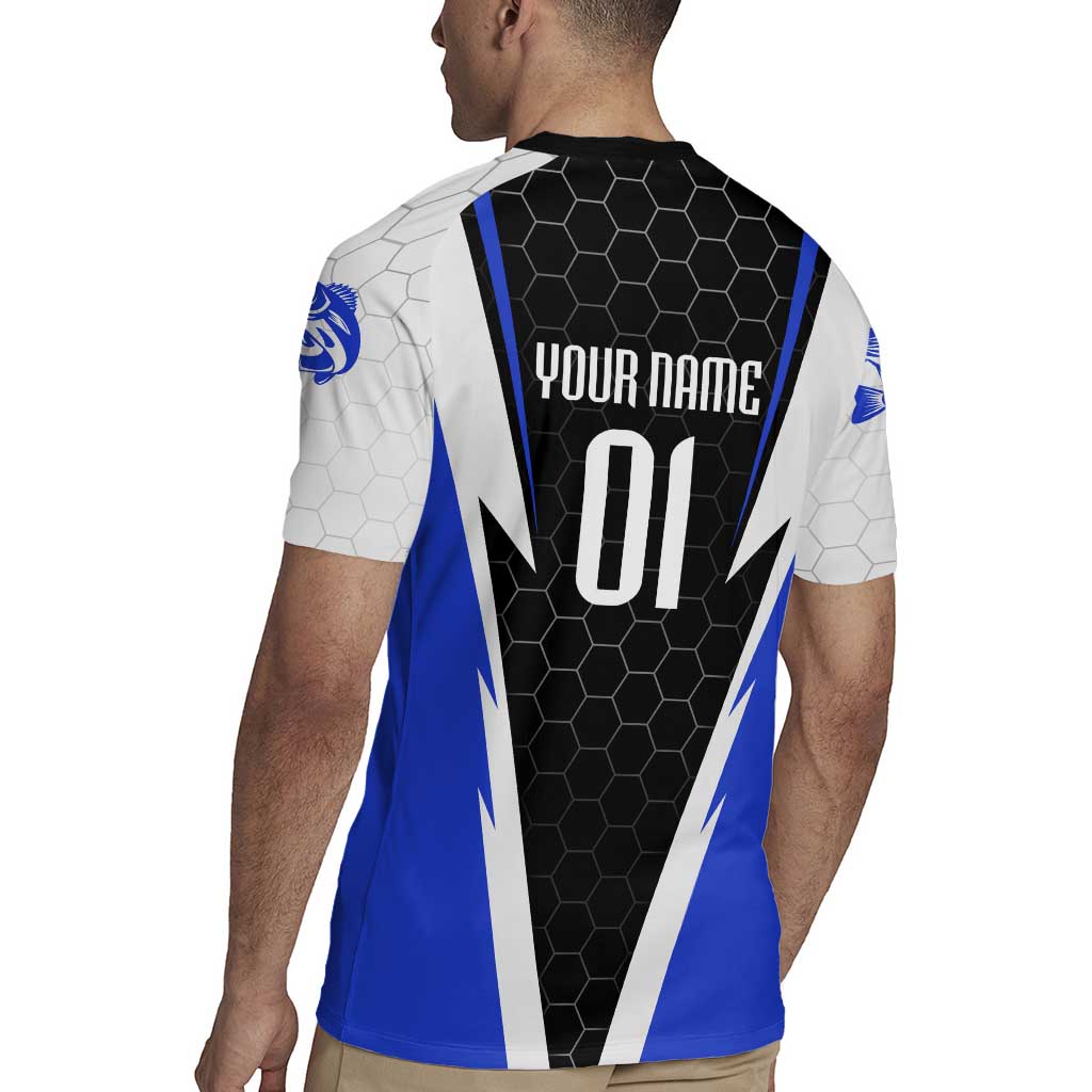 Custom Walleye Fishing Rugby Jersey with Jumping Fish Splash and Blue Black Hexagon Pattern - Wonder Print Shop