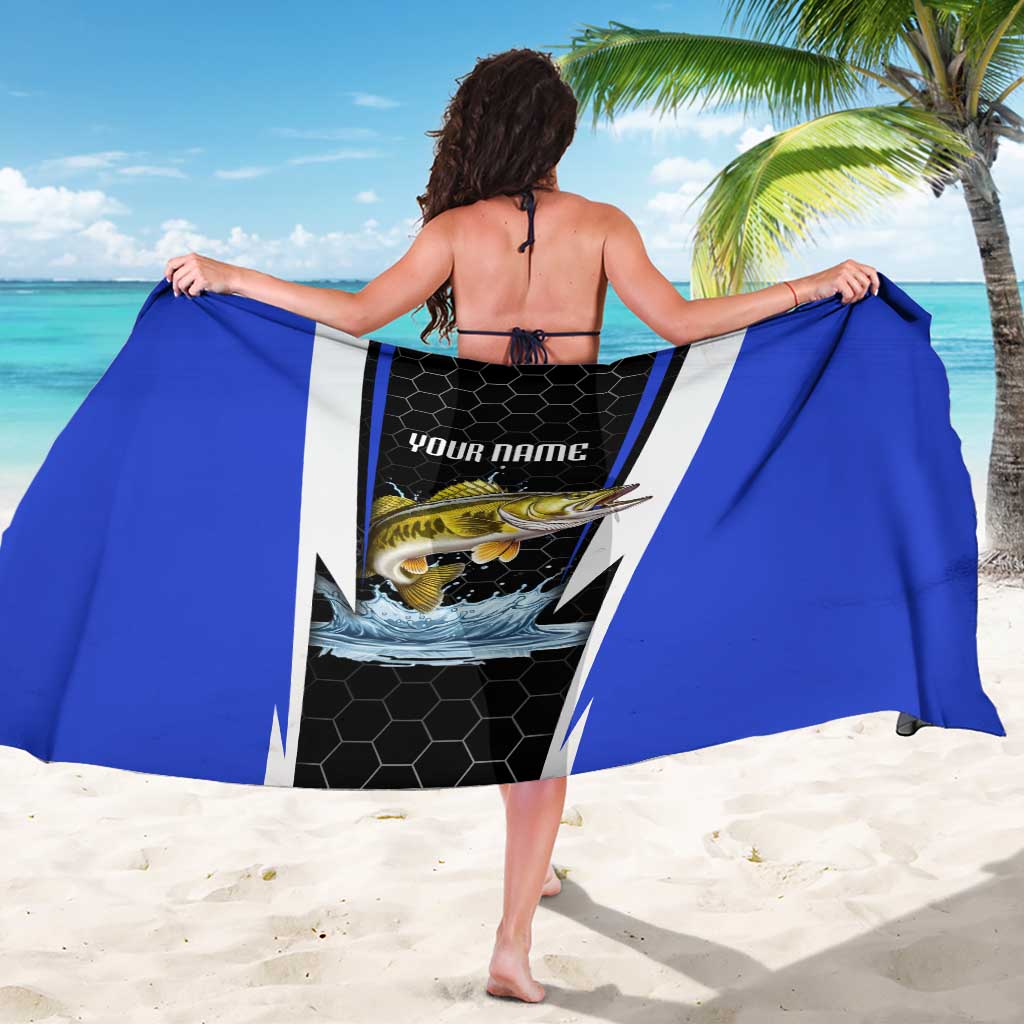 Custom Walleye Fishing Sarong with Jumping Fish Splash and Blue Black Hexagon Pattern - Wonder Print Shop
