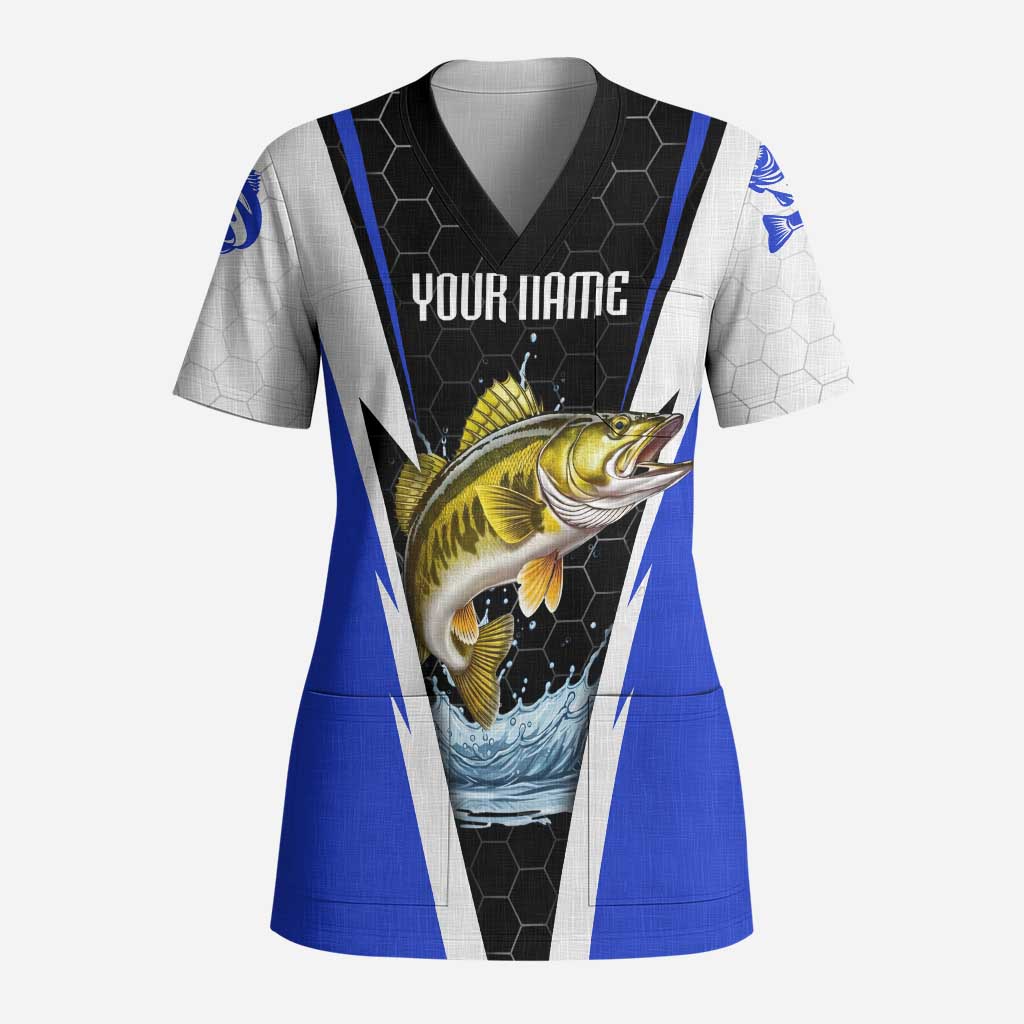 Custom Walleye Fishing Scrub Top with Jumping Fish Splash and Blue Black Hexagon Pattern - Wonder Print Shop