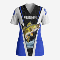 Custom Walleye Fishing Scrub Top with Jumping Fish Splash and Blue Black Hexagon Pattern - Wonder Print Shop