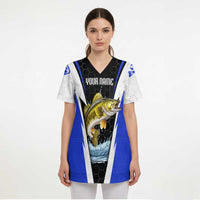 Custom Walleye Fishing Scrub Top with Jumping Fish Splash and Blue Black Hexagon Pattern - Wonder Print Shop