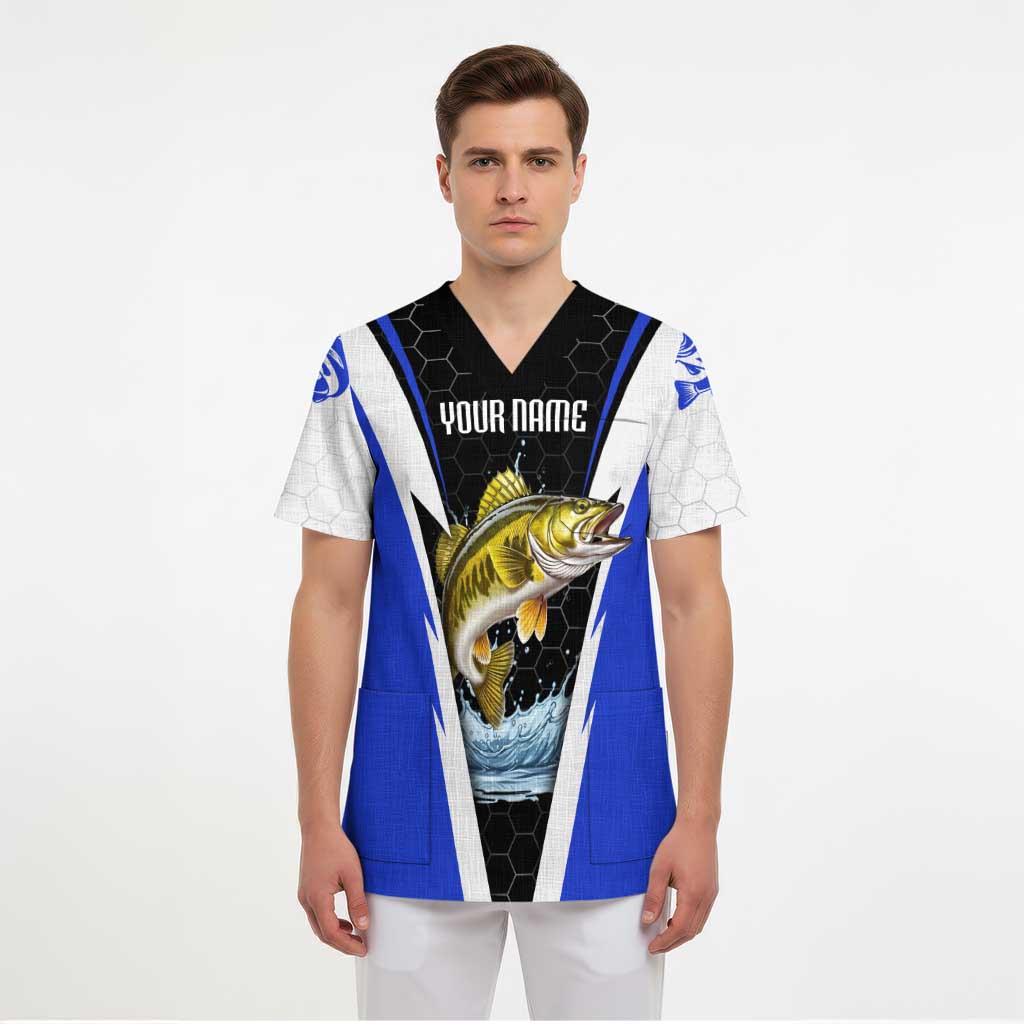 Custom Walleye Fishing Scrub Top with Jumping Fish Splash and Blue Black Hexagon Pattern - Wonder Print Shop