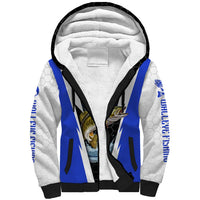 Custom Walleye Fishing Sherpa Hoodie with Jumping Fish Splash and Blue Black Hexagon Pattern - Wonder Print Shop