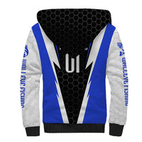 Custom Walleye Fishing Sherpa Hoodie with Jumping Fish Splash and Blue Black Hexagon Pattern - Wonder Print Shop